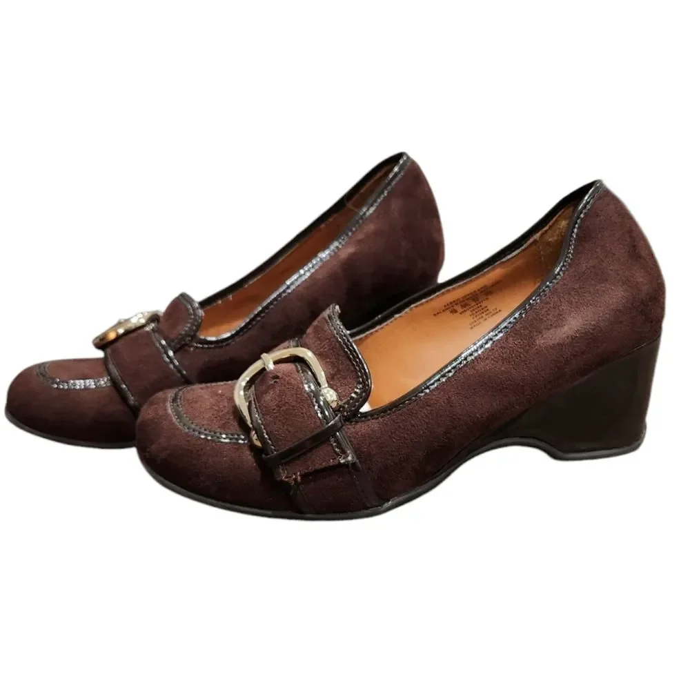 ❤️2/$18 Jaclyn Smith Brown Suede Wedge Heeled Loafer Leather Shoes 7